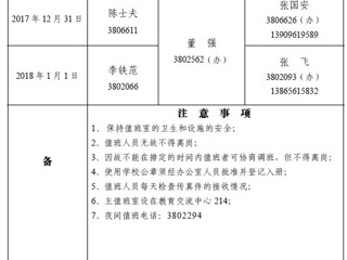 yl23455永利官网（相山校区）学校办公室2018年元旦假期值班表